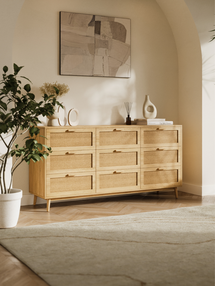 Tia Natural Rattan Lowboy 9-Drawer Dresser