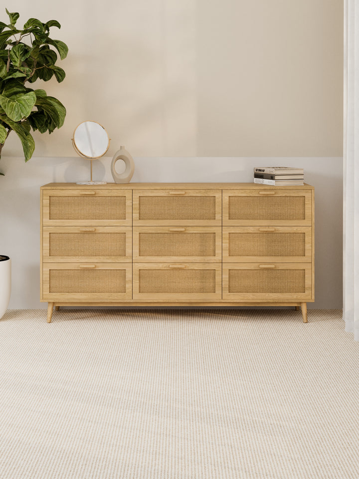 Tia Natural Rattan Lowboy 9-Drawer Dresser