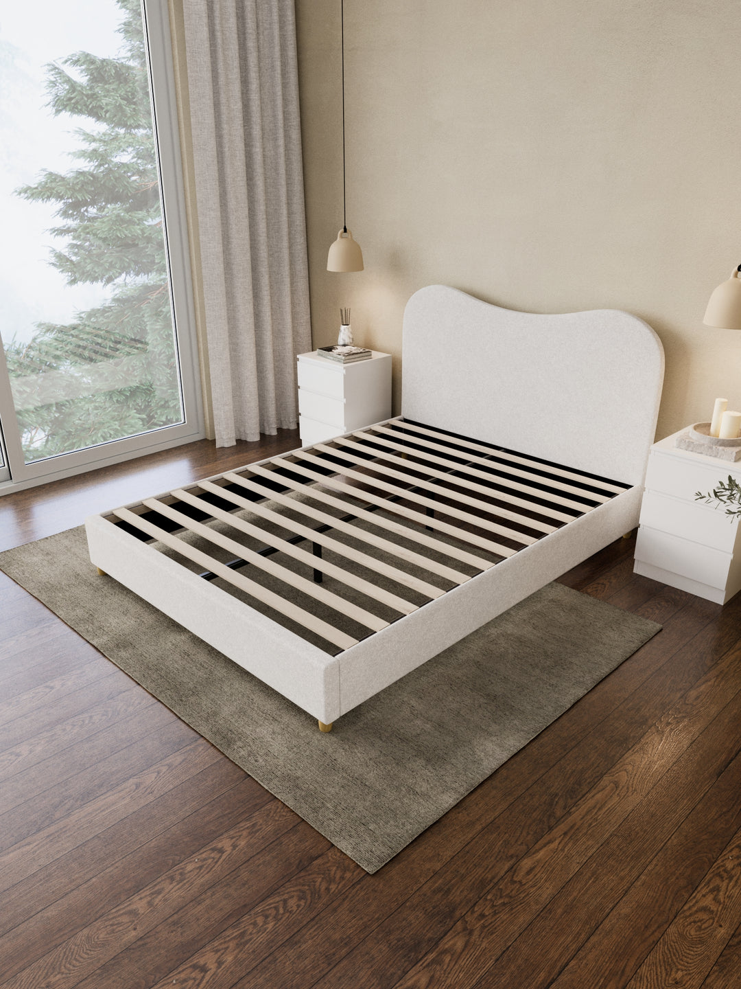 May White Wavy Boucle Bed Frame