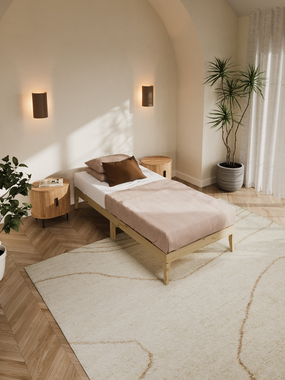 Contemporary bedroom featuring the Ventura Classic Wooden Bed Base in a clean, minimalist design. The natural light highlights the bed's sturdy construction and elegant finish, perfect for those looking to enhance their home with durable, stylish furniture. Paired with soft beige bedding and a lush view from the window, this bed base is ideal for modern décor enthusiasts.