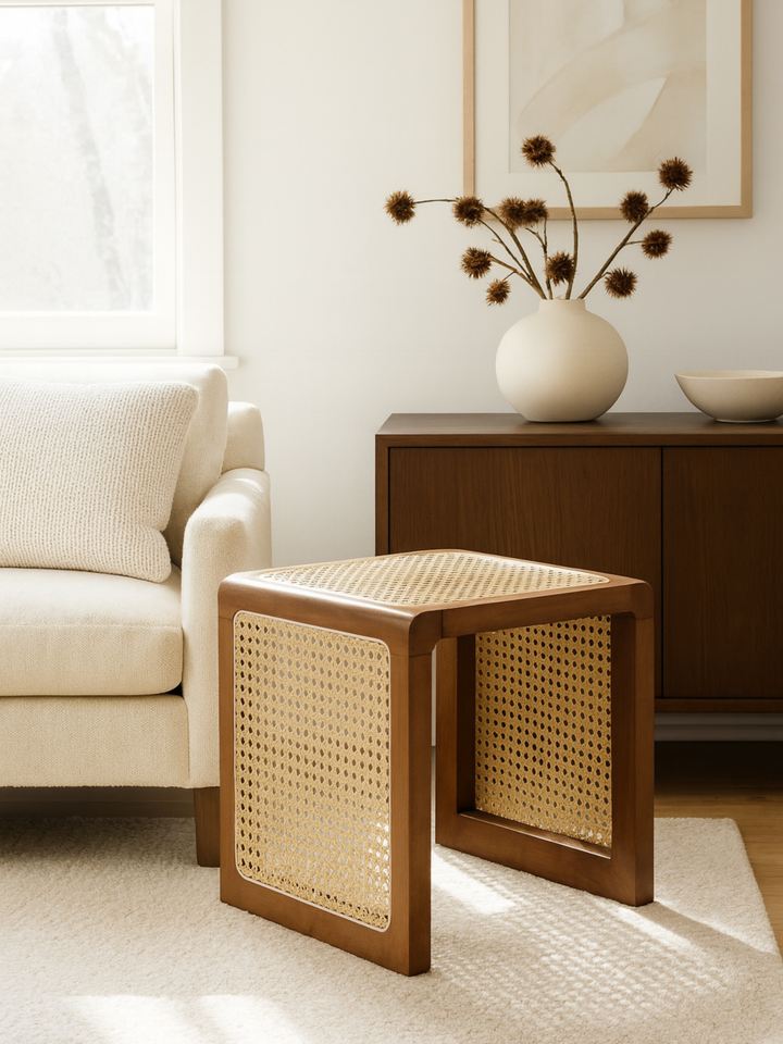 Lara Coastal Walnut Rattan Side Table