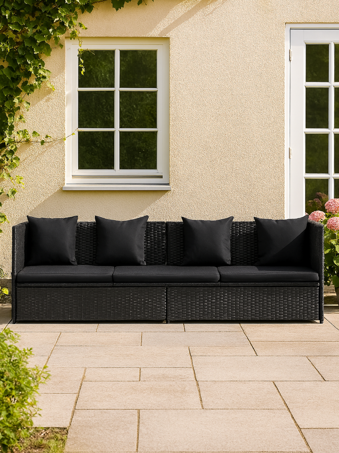 Charlie 2 in 1 Black Plush Rattan Outdoor Sofa Bed