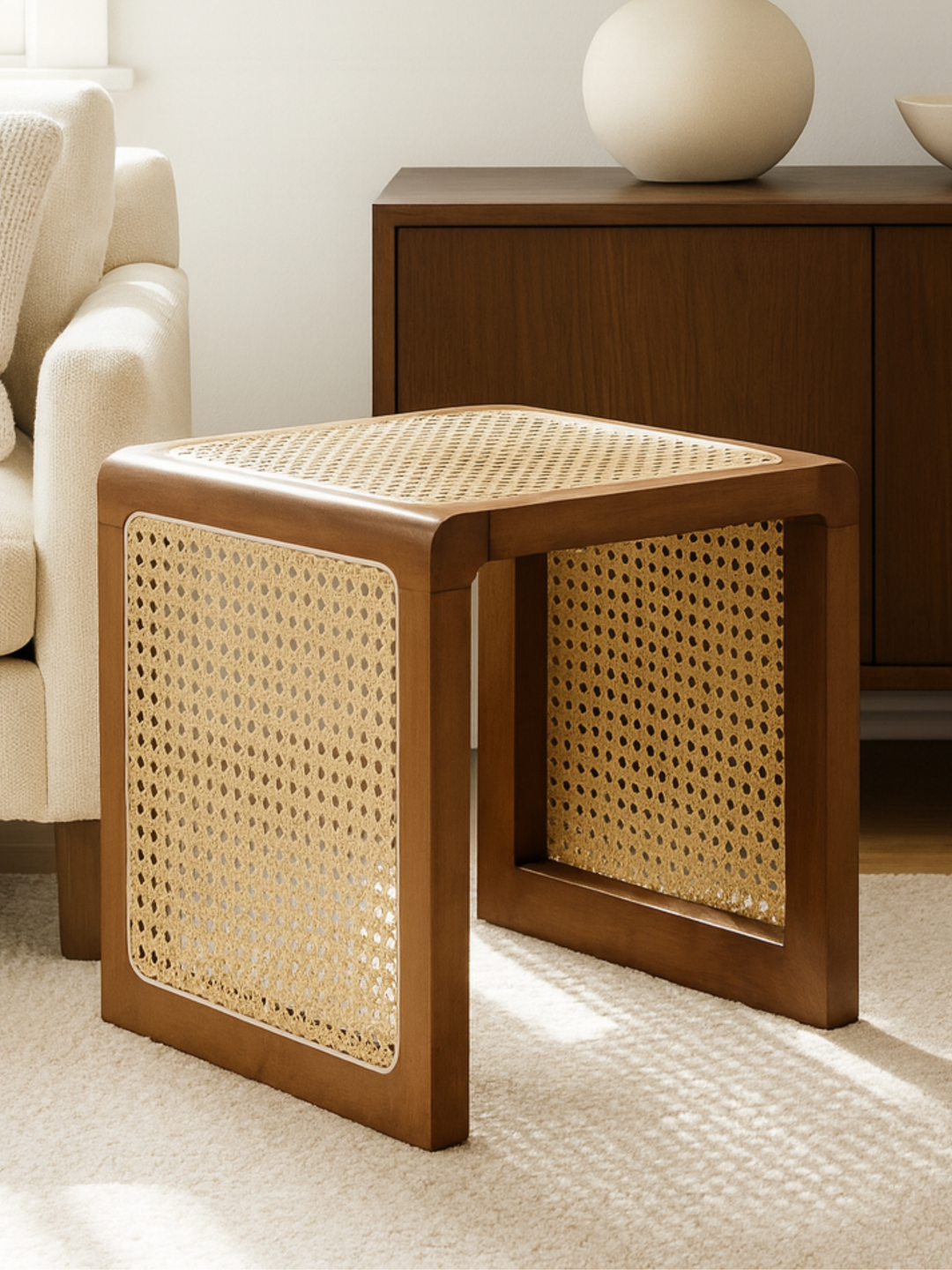 Lara Coastal Walnut Rattan Side Table