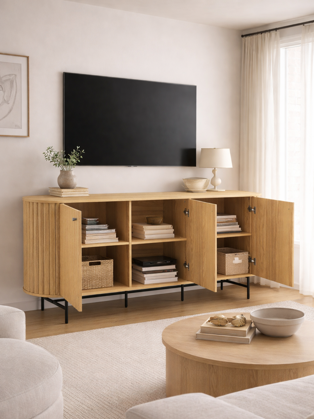 Grace Natural Oak Curved Sideboard Cabinet 160cm