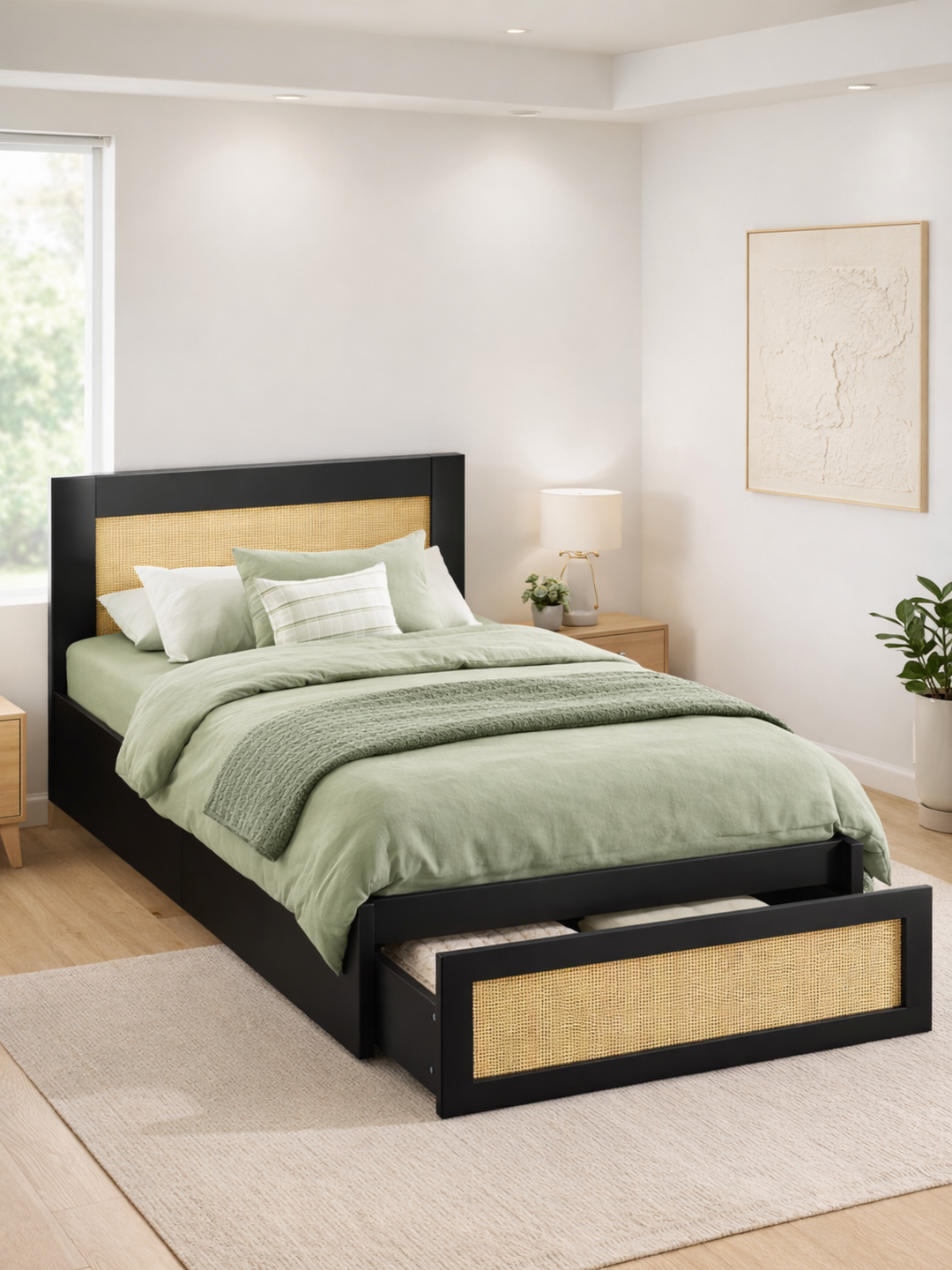Andi Black Rattan Storage Bed Frame