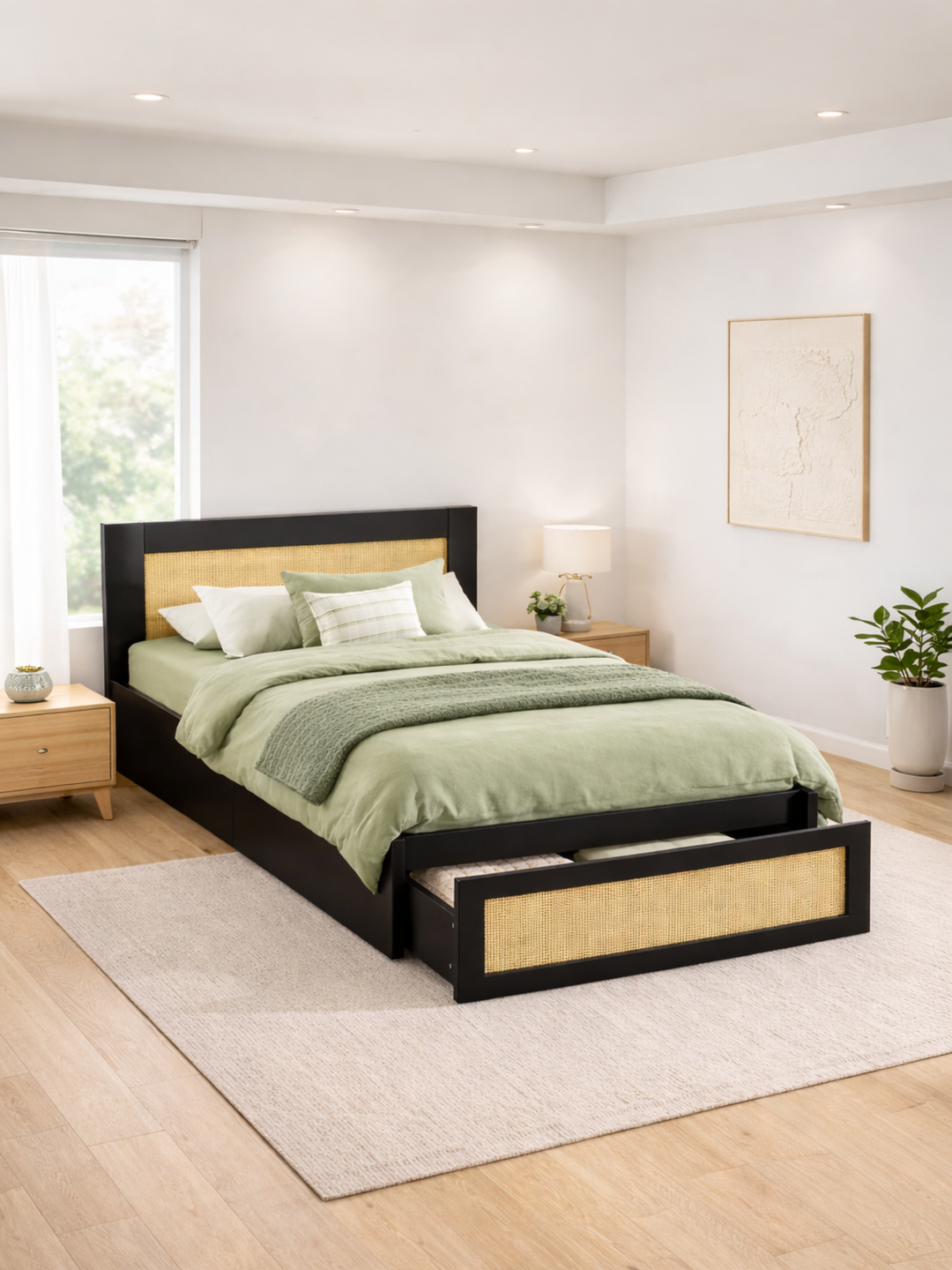 Andi Black Rattan Storage Bed Frame