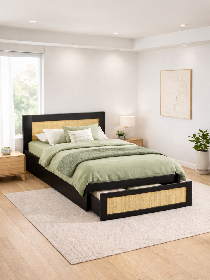 Andi Black Rattan Storage Bed Frame