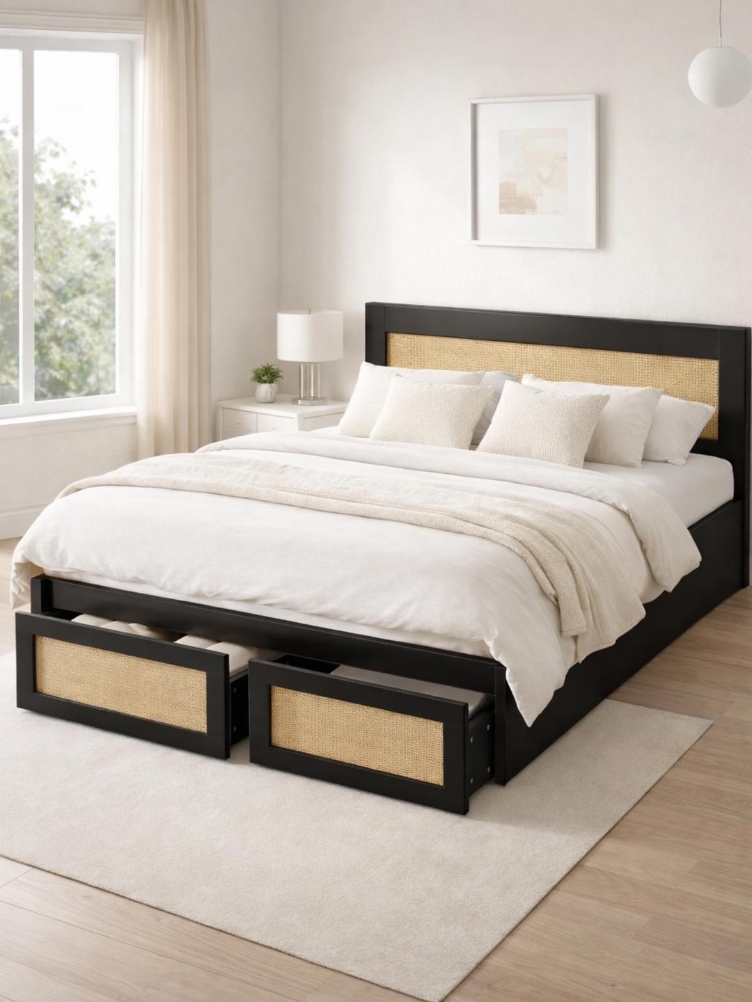 Andi Black Rattan Storage Bed Frame