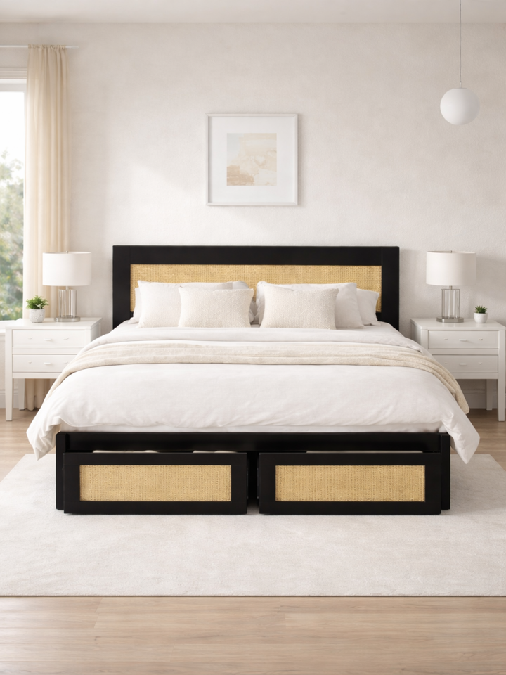 Andi Black Rattan Storage Bed Frame