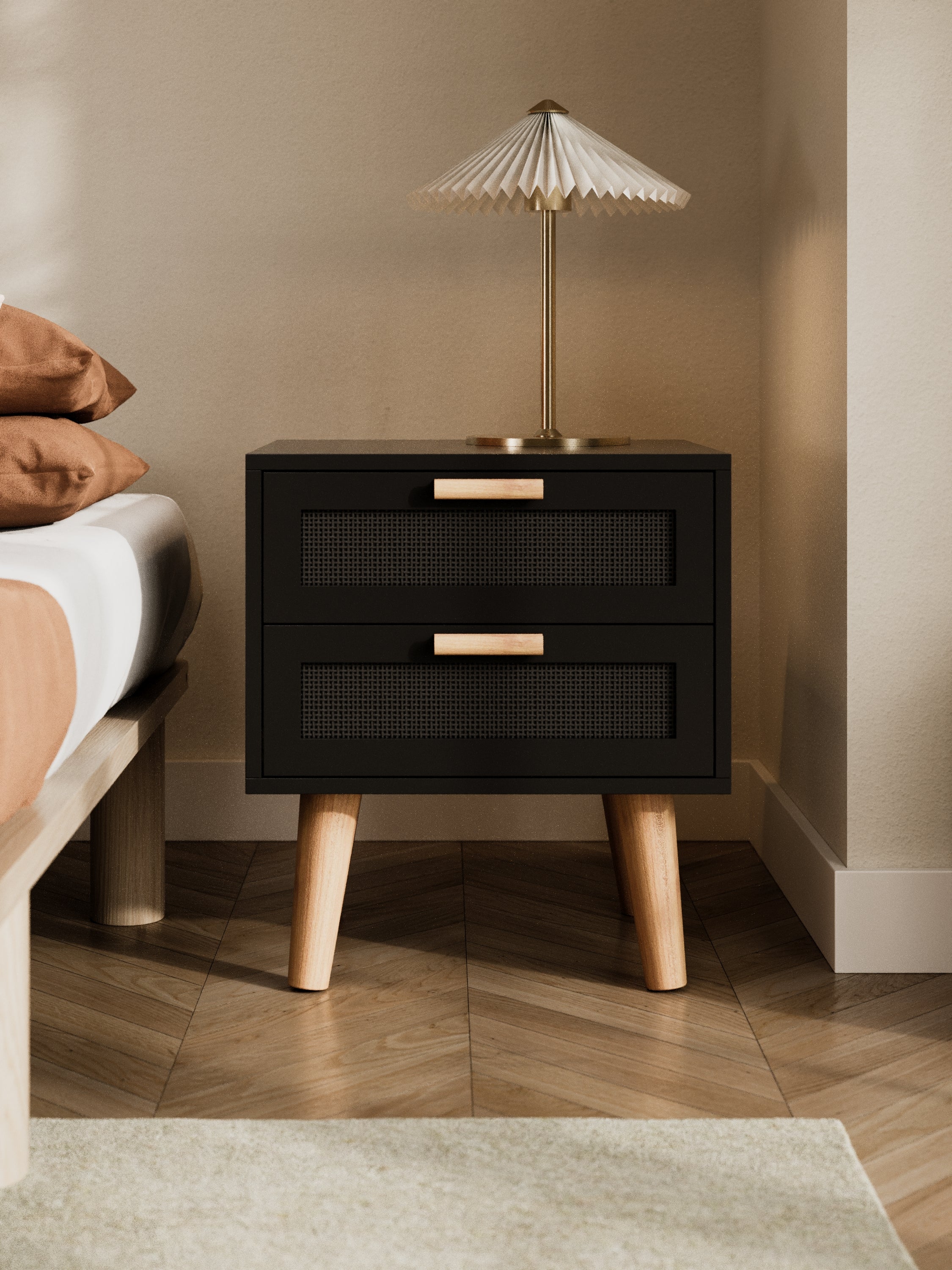 Austin Black Rattan Wooden Bedside Table