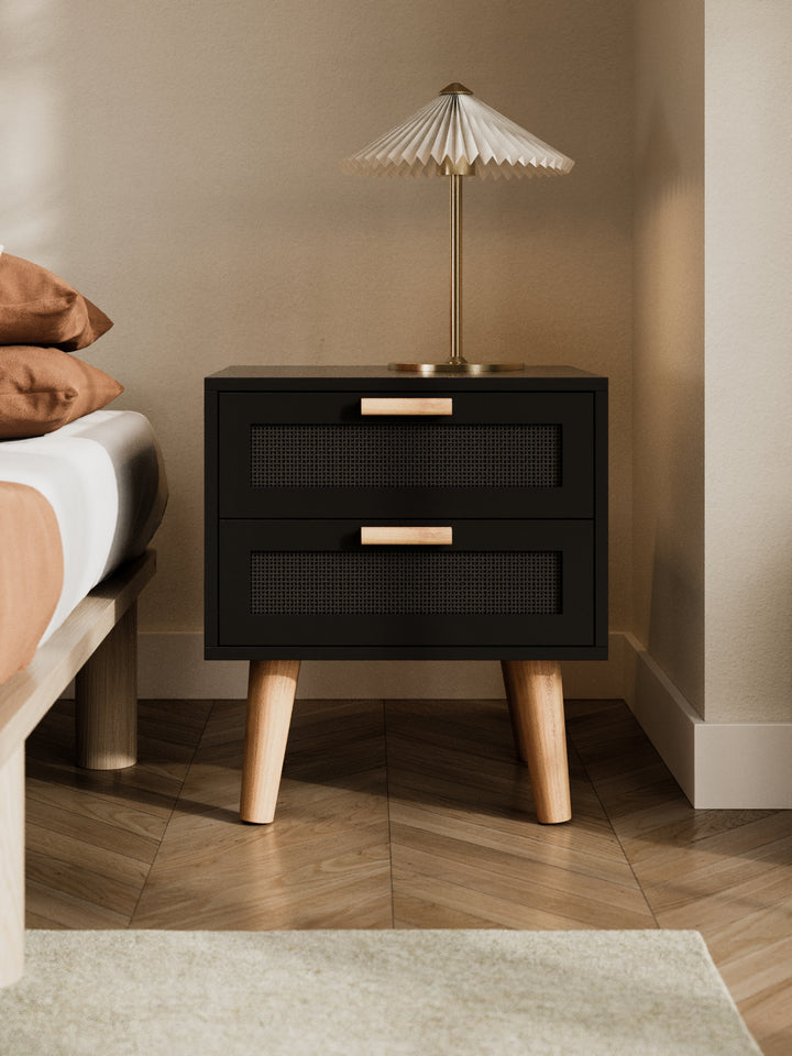 Austin Black Rattan Wooden Bedside Table