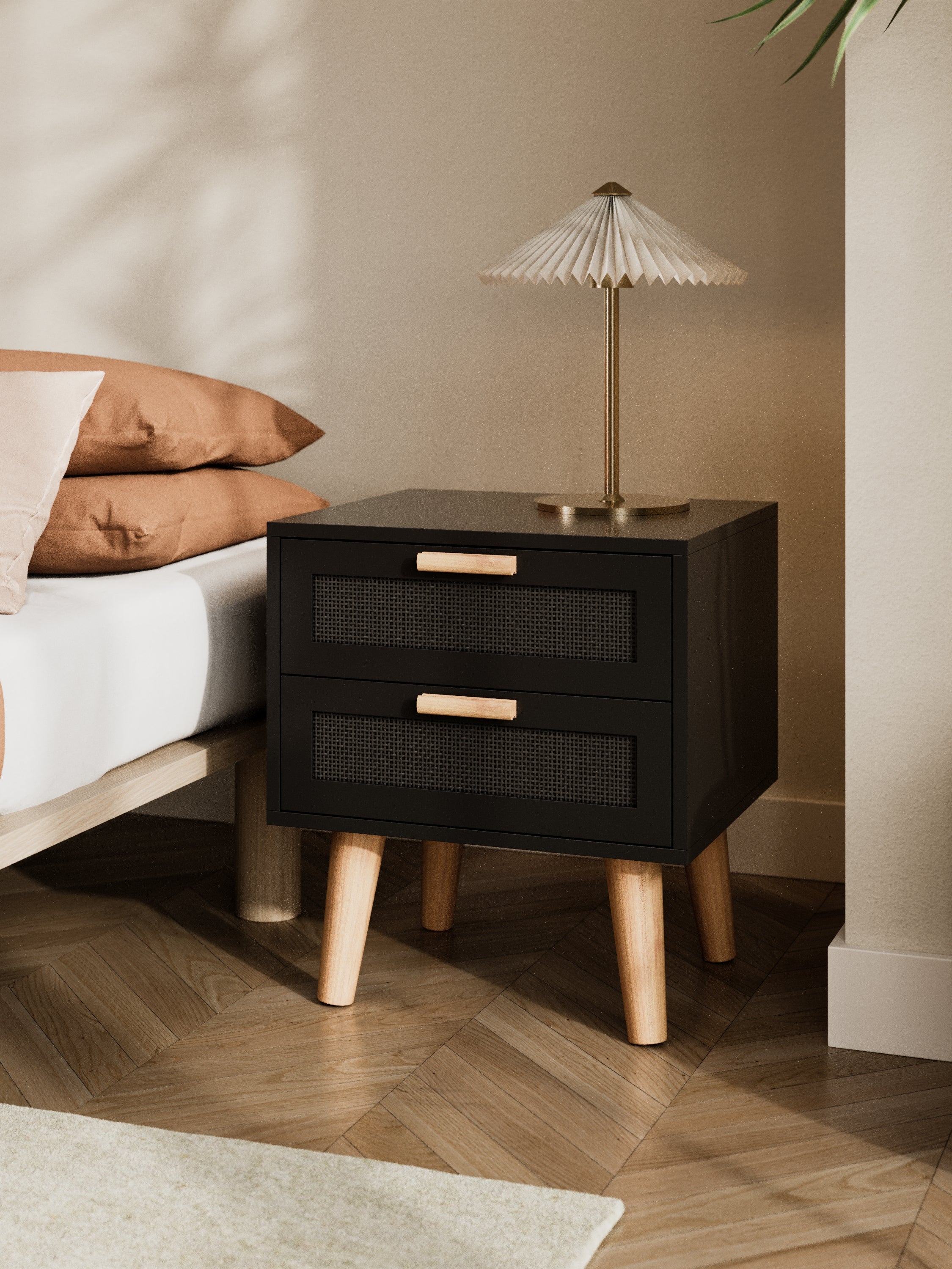 Austin Black Rattan Wooden Bedside Table