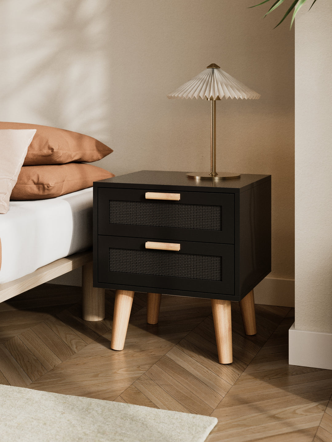 Austin Black Rattan Wooden Bedside Table