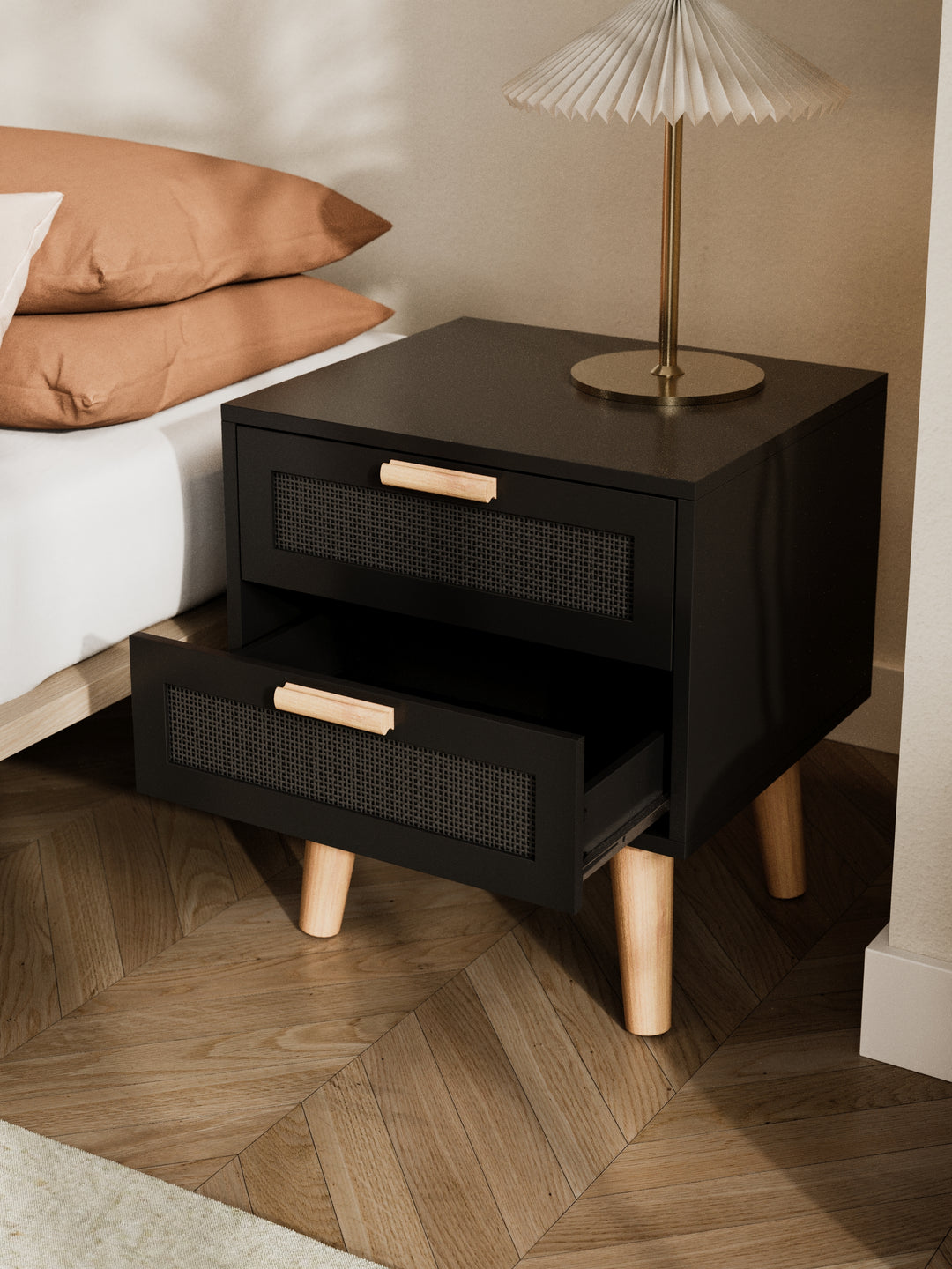 Austin Black Rattan Wooden Bedside Table