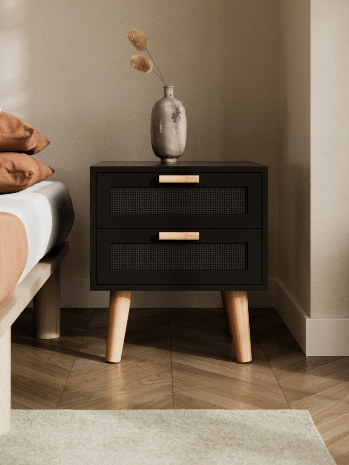 Austin Black Rattan Wooden Bedside Table
