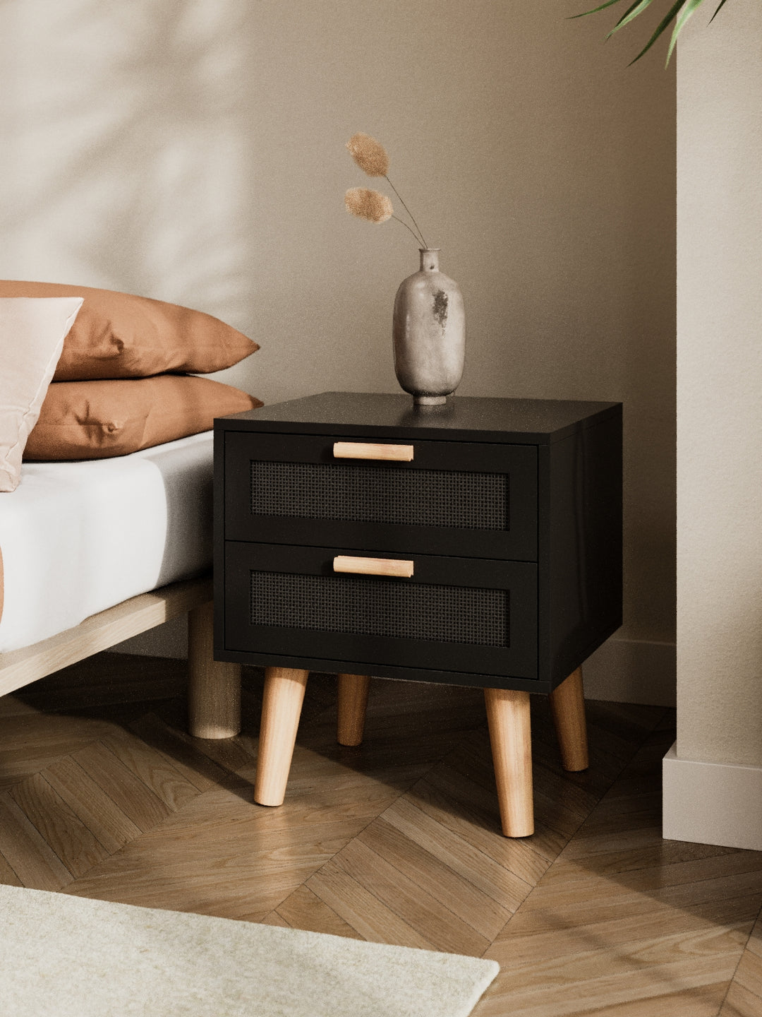 Austin Black Rattan Wooden Bedside Table