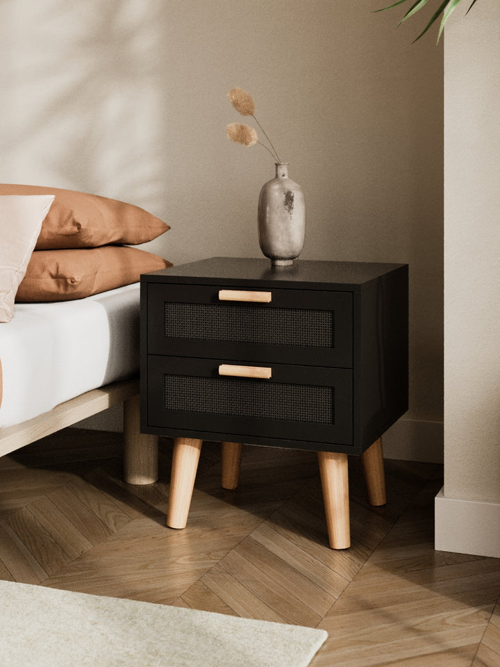 Austin Black Rattan Wooden Bedside Table