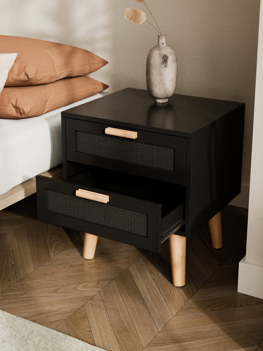 Austin Black Rattan Wooden Bedside Table
