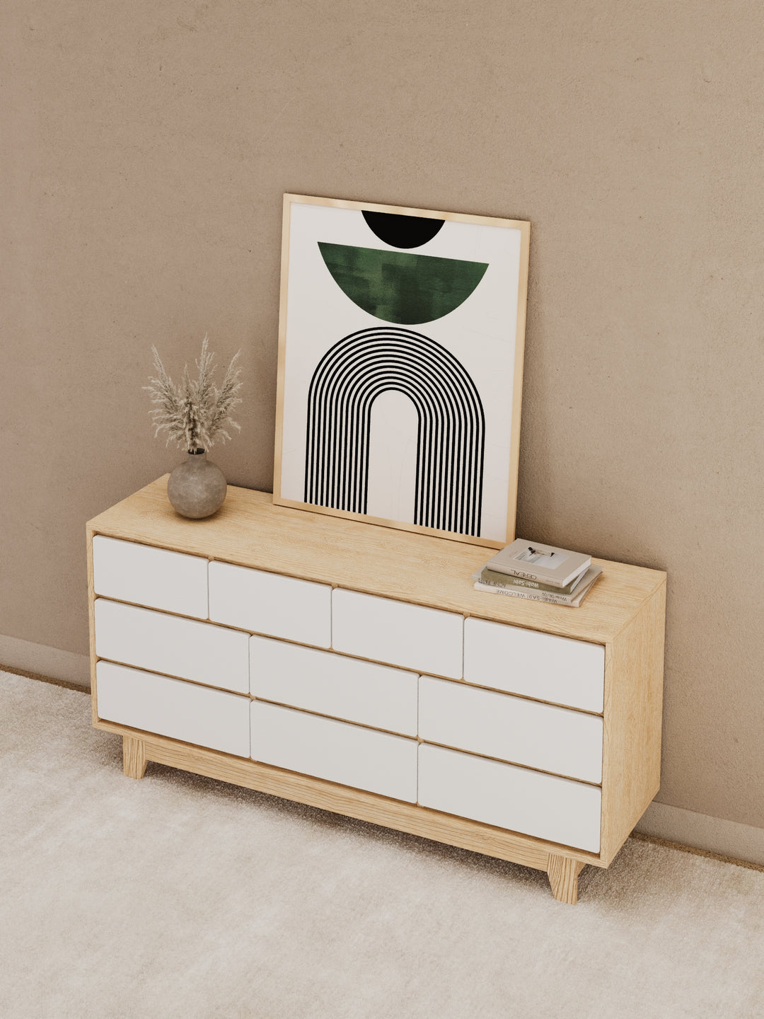 Georgie Natural & White Lowboy 10-Drawer Dresser