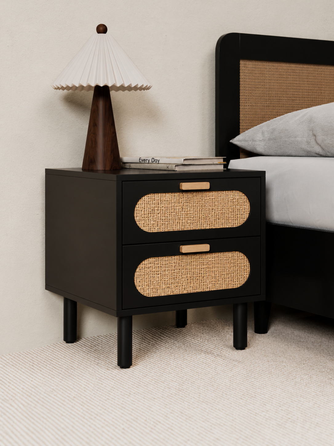 Ronnie Black Rattan Wooden Bedside Table
