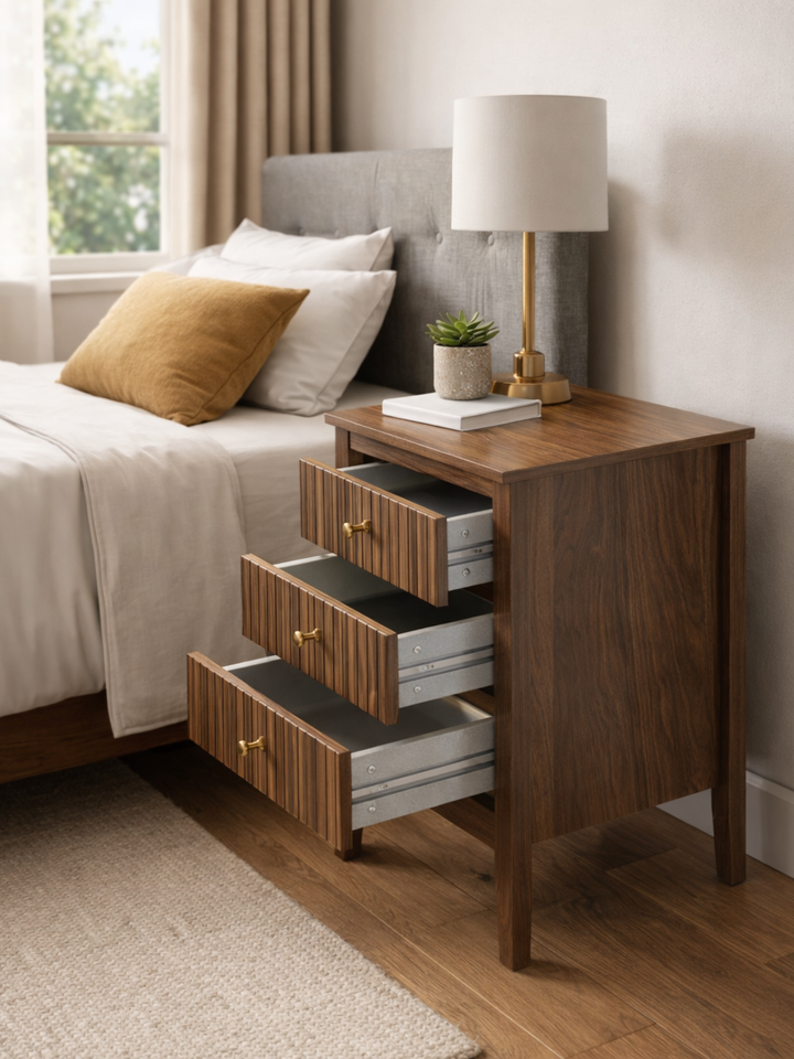 Alya Walnut 3 Drawer Bedside Table