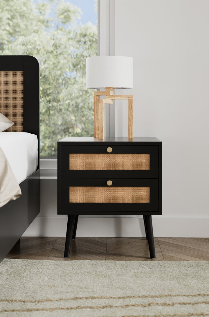 Ronnie Black Rattan Wooden Bedside Table