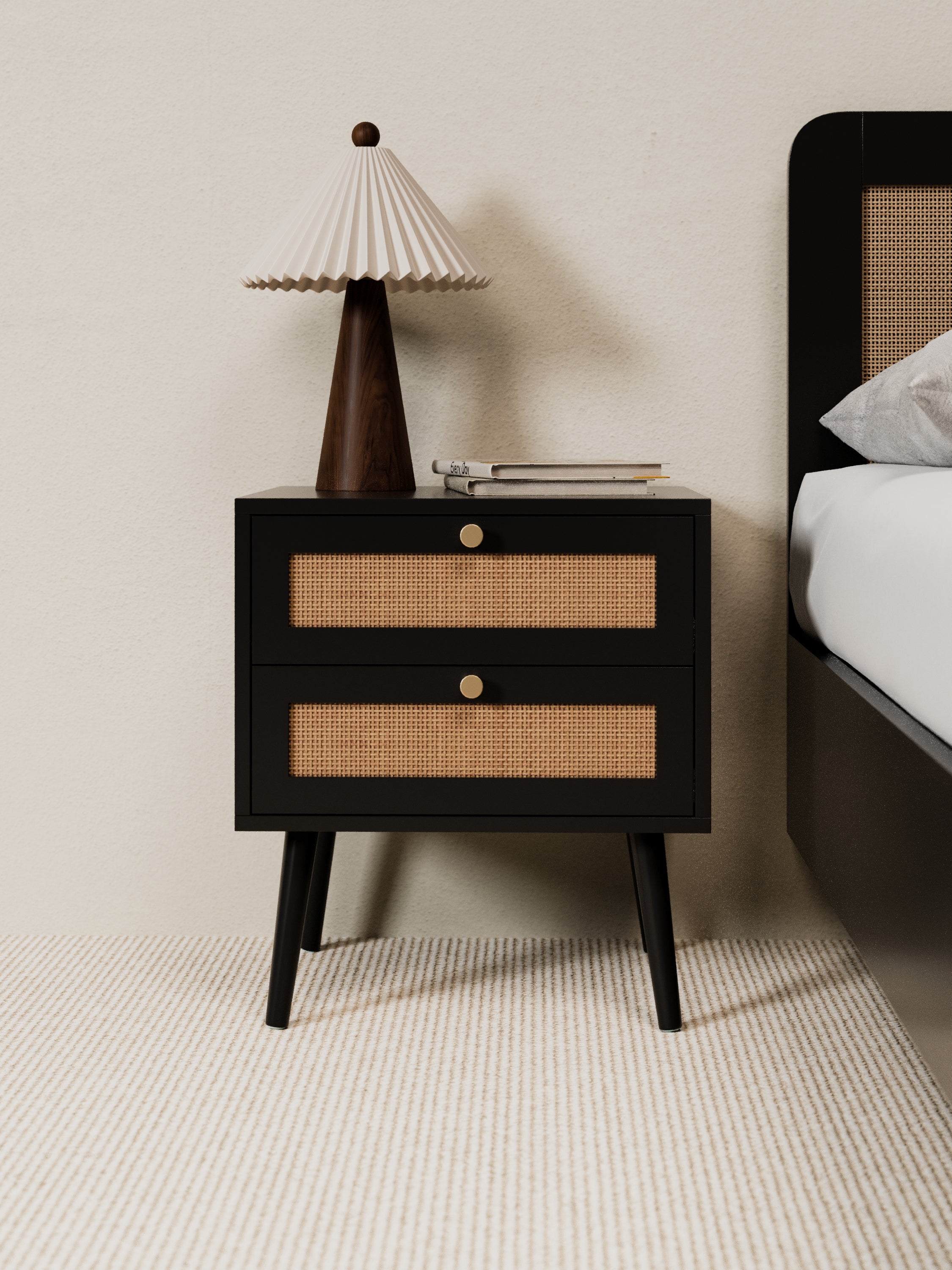 Ronnie Black Rattan Wooden Bedside Table
