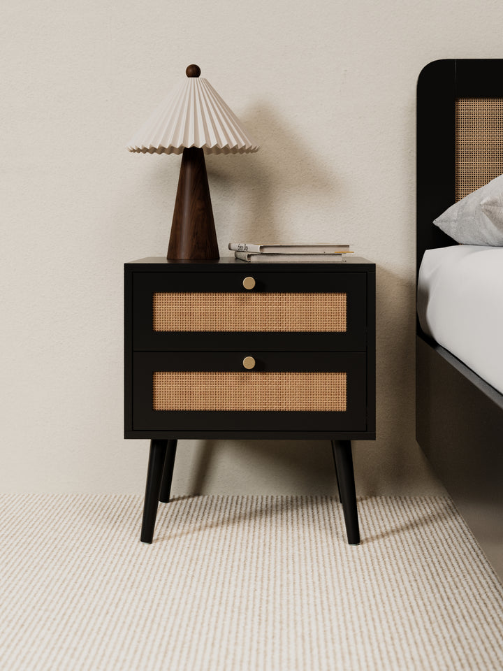 Ronnie Black Rattan Wooden Bedside Table
