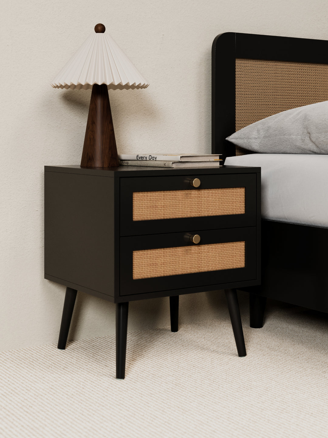 Ronnie Black Rattan Wooden Bedside Table
