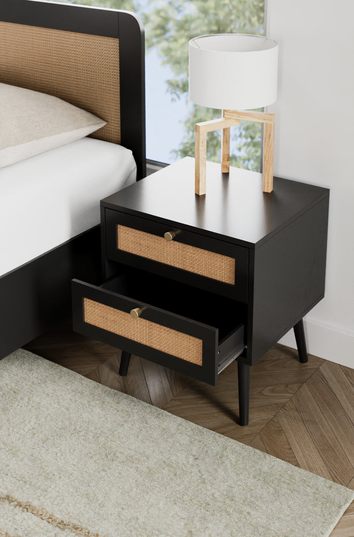 Ronnie Black Rattan Wooden Bedside Table