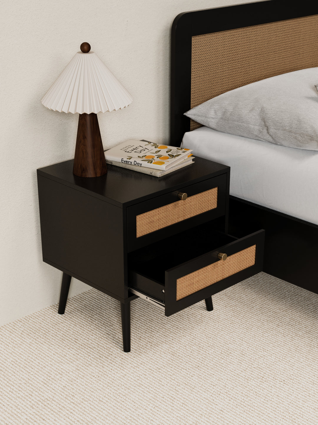 Ronnie Black Rattan Wooden Bedside Table